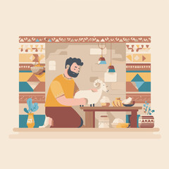 Illustration of Eid al-Adha. Muslims Prepare Sacrificial Animals. People Celebrate Eid al-Adha