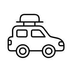 Outline drawing of a car with luggage carrier for travel and adventure transportation needs icon