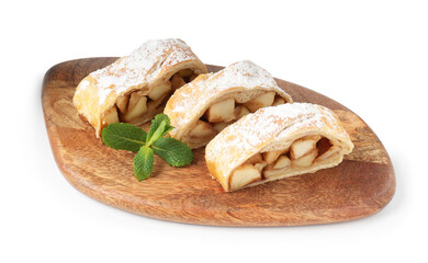 Pieces of tasty apple strudel with powdered sugar and mint isolated on white