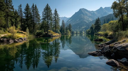 Fototapeta premium Crystal clear mountain lake reflecting blue sky and pine trees, calm summer morning, peaceful nature scene