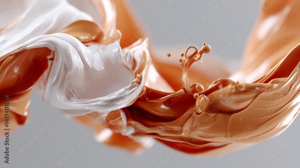 Poster fluid movement of vibrant orange and white paints creates a captivating display of artistry in a mod