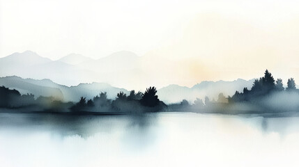 Fototapeta premium serene watercolor landscape featuring soft, dreamy hues of blue and gray, depicting mountains and tranquil lake