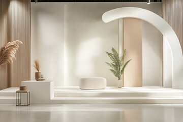 modern soft pastel 3D stage set featuring rounded shapes, minimalistic design, and natural elements, creating serene