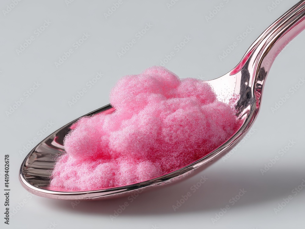 Poster close-up view of a pink metal spoon holding fluffy pink clouds against a minimalist white background