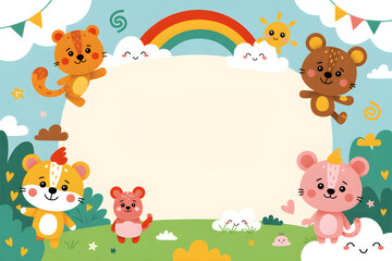 Cute animals playing in a colorful landscape with rainbow and copy space