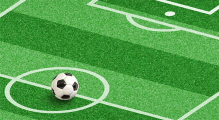 Obraz premium Football Field with Soccer Ball Ortographic View, Marked Lines and Green Grass, Suitable for Sports Event, Poster or Banner. Realistic Design. Vector Illustration.
