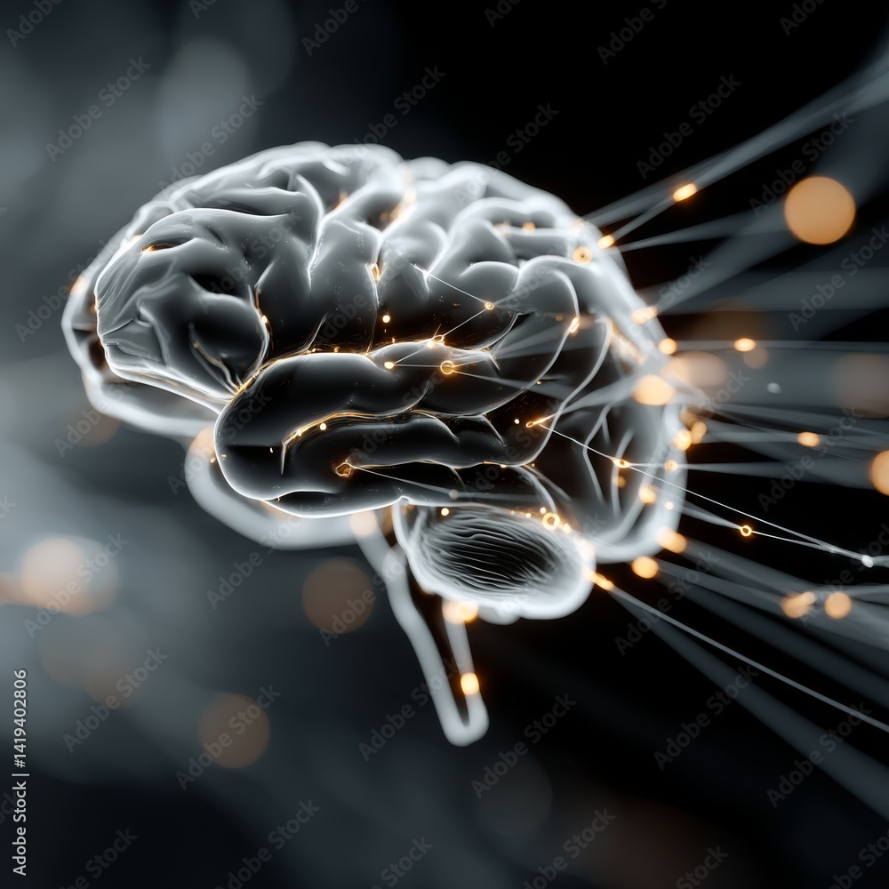 Poster Exploring the Cybernetic Realm of a Glowing AI Brain Surrounded by Data Particles and Neural Connections
