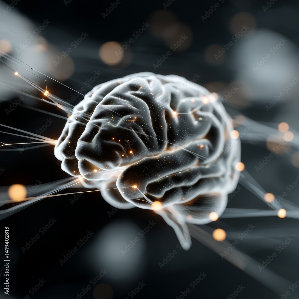 Aufkleber enigmatic ai brain emerges from a void, illuminated by vibrant circuits and data particles, embodyin