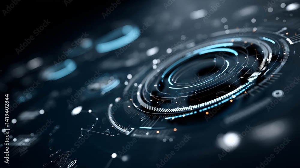 Poster Exploring a Futuristic Digital Landscape With Interconnected Data Nodes and Glowing Circular Elements in a Cyber Network Atmosphere
