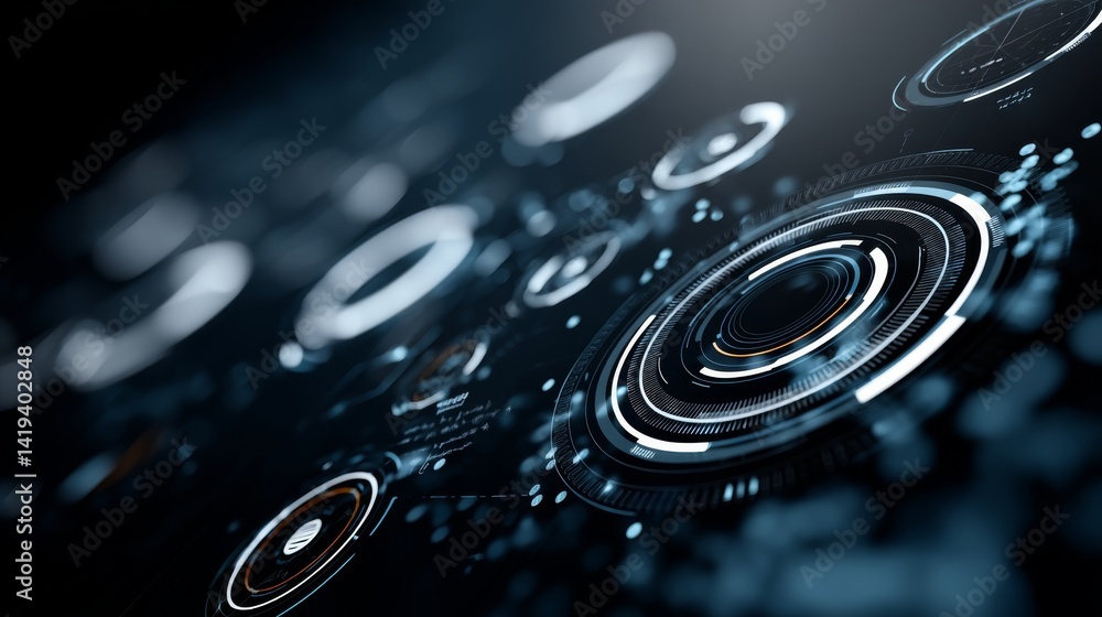 Poster Futuristic Digital Interface Showcasing Glowing Blue Circular Elements and Interconnected Data Nodes in a Cyber Network Aesthetic
