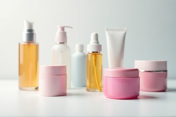 Various cosmetic containers on white backdrop, commercial, design