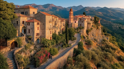 Obraz premium Picturesque Italian village on a hill, golden summer sunset, tiled rooftops, narrow cobblestone streets, vineyards and olive trees around