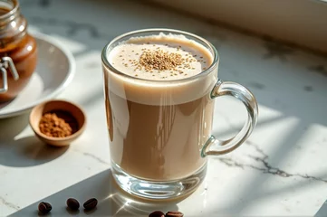 Gordijnen Warm morning coffee with foam and chocolate sprinkles on marble surface © Beniamin