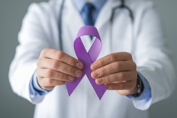 Doctor holding purple ribbon for alzheimer's awareness pancreatic cancer support lupus awareness month