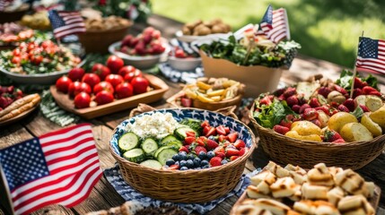 Colorful Labor Day Picnic with Festive Food in Baskets Outdoors