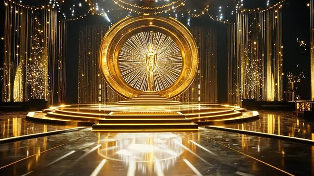 Golden award ceremony stage, glittering backdrop,  celebration