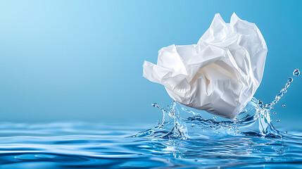 Fototapeta premium Water splash from crumpled paper underwater photography blue background creative concept close-up view