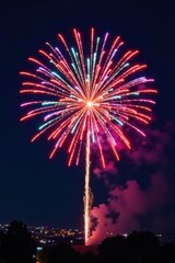 Colorful fireworks explode in a starburst pattern across a dark sky , green, red, purple