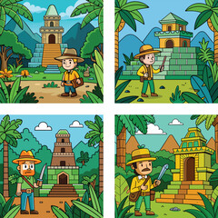 Cartoon Adventurers Exploring Ancient Temples In A Jungle Landscape Vector Illustration Set