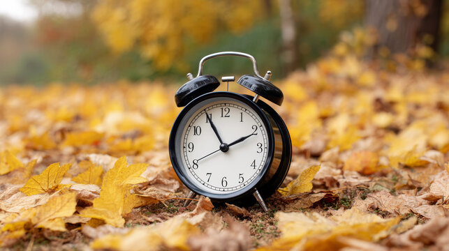 Classic black alarm clock standing on a bed of colorful autumn leaves in a park, showing two o'clock
