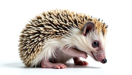 Obraz premium Tiny hedgehog curled in a ball, isolated on pure white background, macro, isolated animal