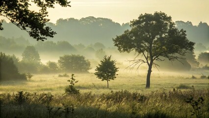 Obraz premium Misty morning landscape with trees and sunlight