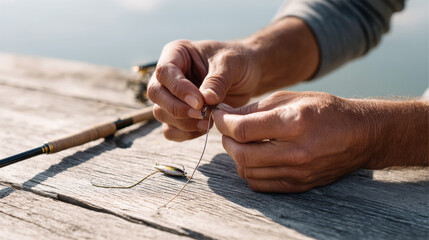 Weathered hands knotting fishing line near rod, wooden surface highlighting nautical craftsmanship and angler's skill