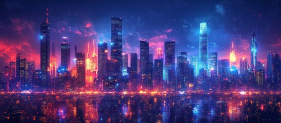 Obraz premium Neon Skyline Cityscape at Dusk