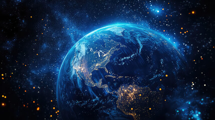 Earth from Space with Glowing Lights and Stars