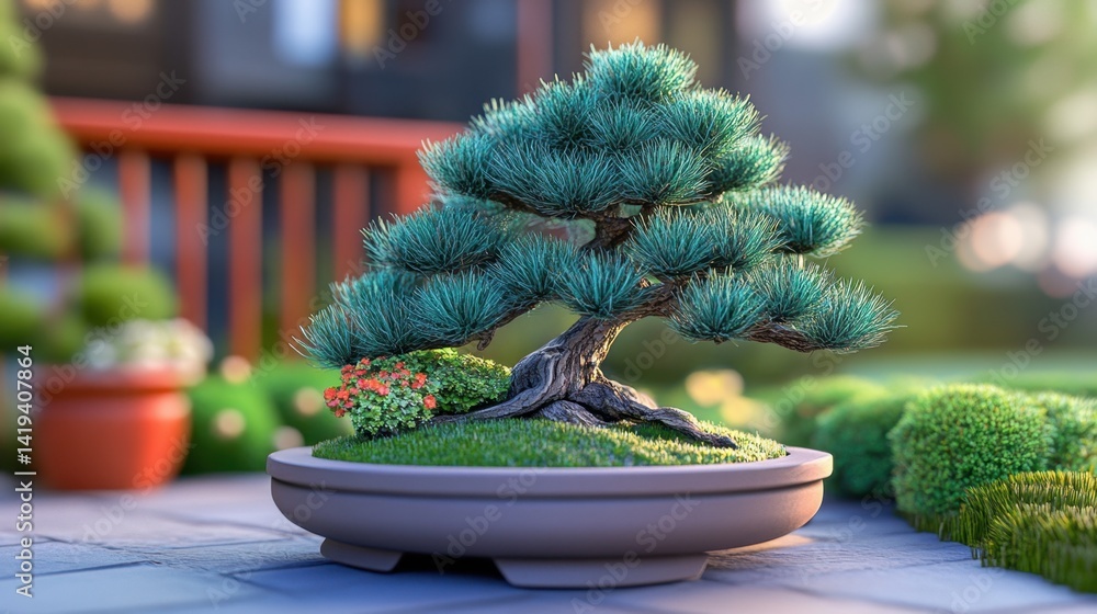 Aufkleber an impressive bonsai tree growing dramatically from a rock in a pot with striking shadows and unique