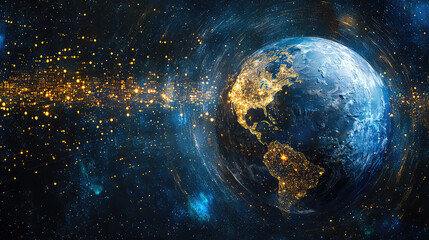 Earth from Space with Glowing Lights and Stars