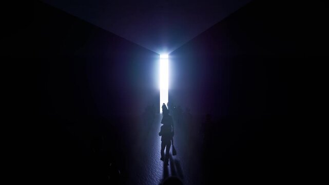 A crowd of addicted people are walking like a herd towards the light at the end of the tunnel