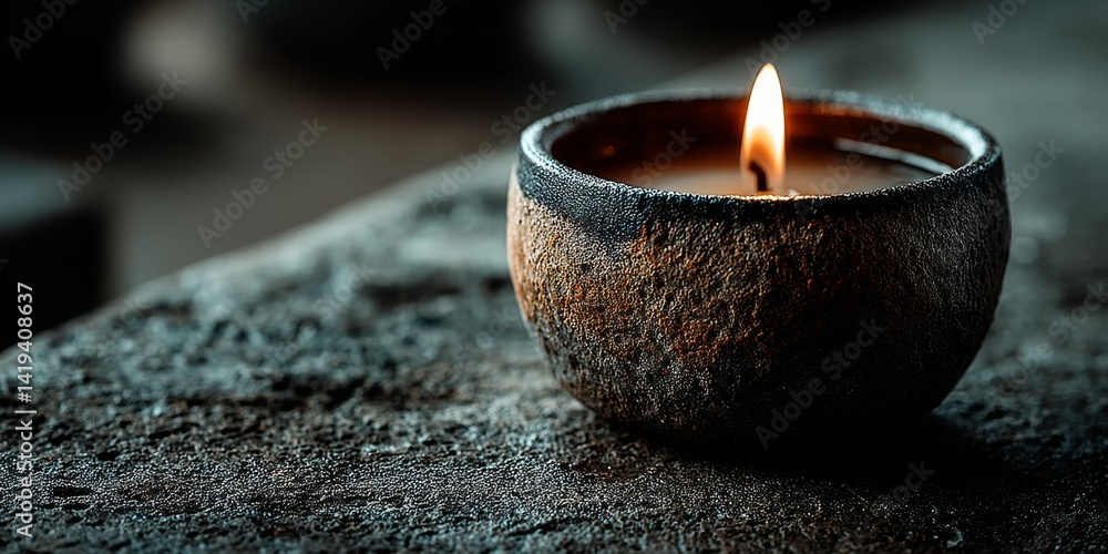 Poster illuminating tranquility with a single candle's warm glow on textured stone