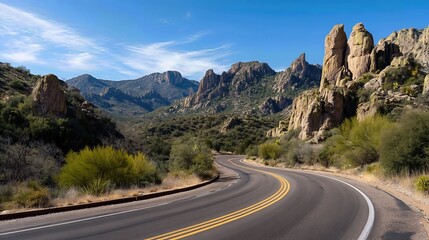 Curving gently through the rugged landscape, the road embodies freedom and discovery, its path framed by vibrant desert flora and timeless stone.