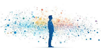 Fototapeta premium Man Silhouette Surrounded by Colorful Abstract Particle Background