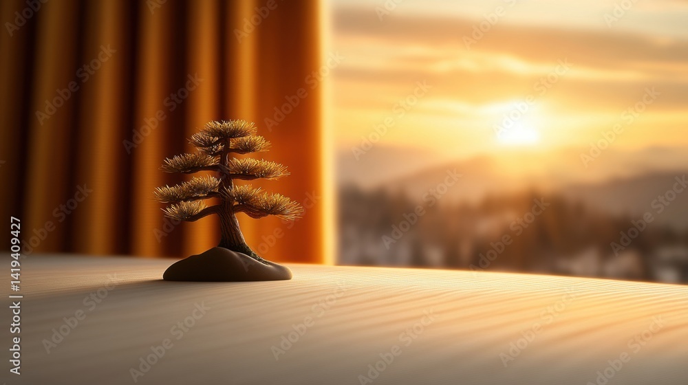 Poster cozy ambiance of a small pine tree gracefully positioned on a table near a sunlit window creating a 