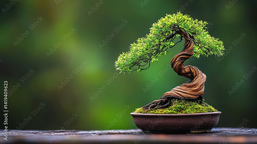 Poster old bonsai tree with twisted roots captured in a macro shot highlighting dark textures and intricate
