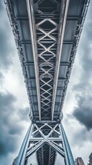 Beneath a metal bridge's intricate support structure.
