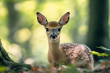 Alert Fawn with Spotted Coat Standing Amidst Green Foliage in Sunlight