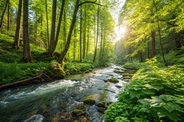 Naklejka premium Lush greenery embraces a sunlit stream; panoramic photo captures nature's vibrant essence.