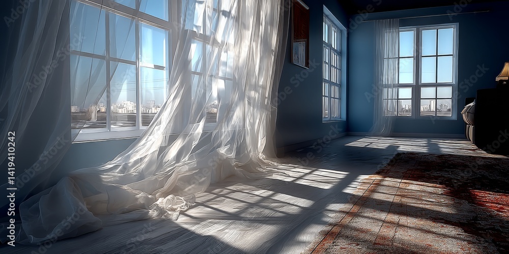 Poster sunlight dances through open windows, sheer curtains whispering with the breeze in a tranquil, lumin