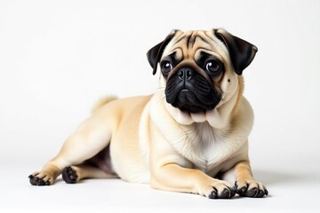 Obraz premium Single pug, relaxed pose, against pure white backdrop, companion animal, dog breed, brown