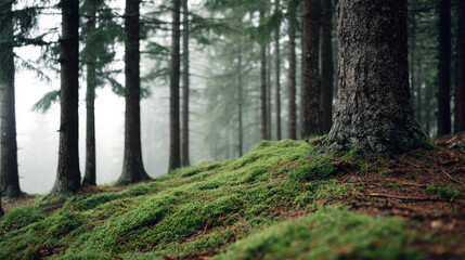 Obraz premium Serene forest landscape featuring moss covered ground and towering trees enveloped in gentle fog, creating a tranquil and mystical atmosphere