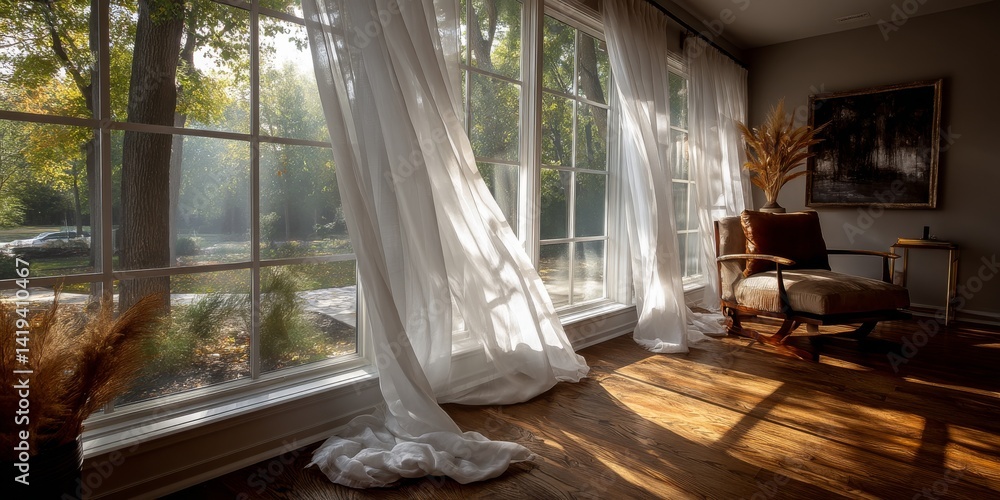 Poster Serenity Captured in Sunlight Through Sheer Curtains, Creating a Tranquil Atmosphere in a Sunlit Room Adorned With Soft Shadows and Warm Tones