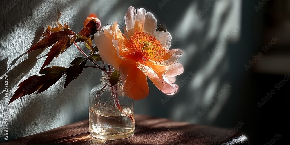 Poster Single Elegant Flower in a Translucent Vase Captures Morning Light on a Side Table, Creating a Serene and Inviting Atmosphere