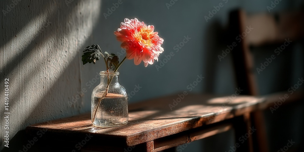 Poster elegant single flower captured in a translucent vase rests gently on a side table, dappled sunlight 