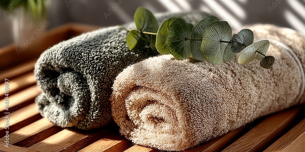 Poster serene spa experience with neatly rolled towels and a touch of eucalyptus on a wooden bench bathed i