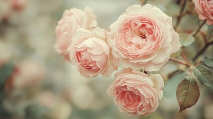 Obraz premium Delicate pastel roses in a garden setting.