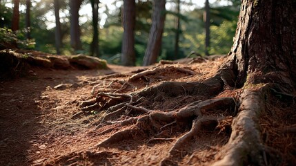 The close-up reveals strong roots weaving through dark brown earth, glowing softly in the warmth of filtered sunlight and forest shadows.

