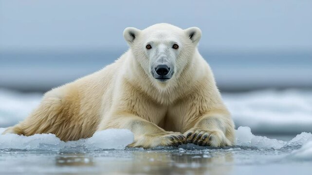 Polar bear lying down on icy snow. 
